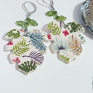 HandmadeTropical Leaf Dangle Earrings with Green Bead Detail